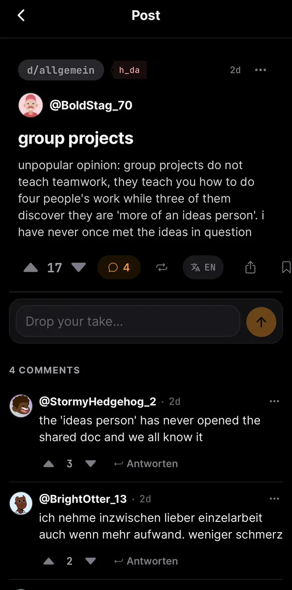 Ein Post mit Kommentaren in der Digga App